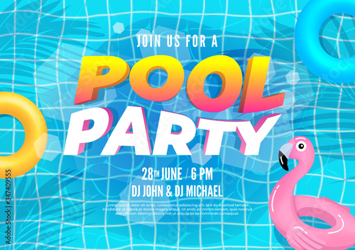 Summer pool party invitation banner. Swimming pool with palm leaves and pool floats.