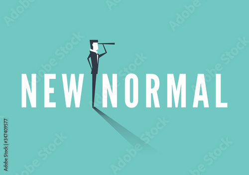 Businessman standing on a New Normal text and carrying binoculars. Business vision new normal concept.