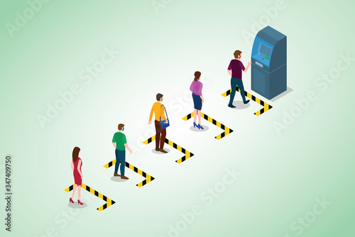 social distancing or physical distancing concept with people queue in line of atm machine with modern isometric style