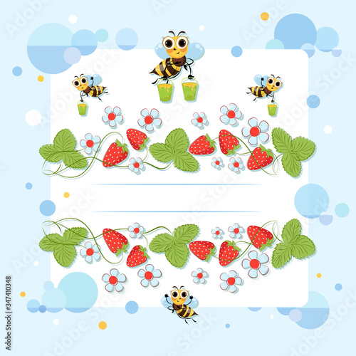 Strawberry poster. Bee swarm collects honey. Bright flowers, berries and insects. Vector illustration
