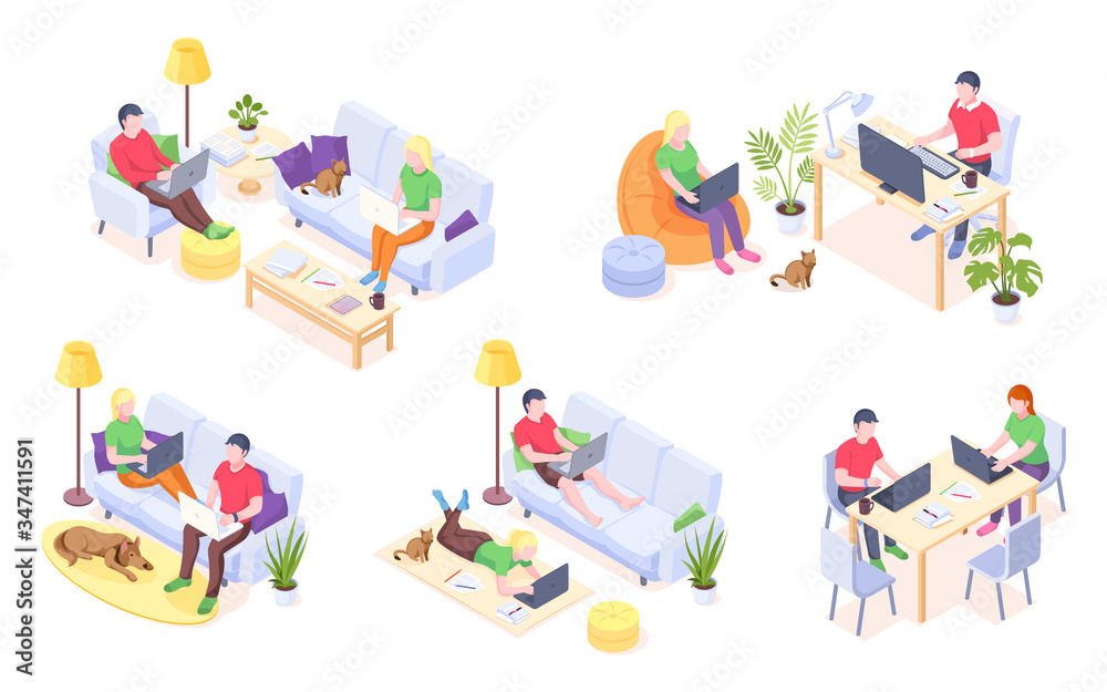 Working at home, couple freelancers online work and home office, vector isometric icons. Man and woman couple with laptops and computers work sitting on sofa, at desktop table and lying on floor