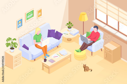 Couple working online home, freelancer man and woman with computer laptops, vector isometric illustration. Self employed couple freelance bloggers or designers, quarantine isolation social distance