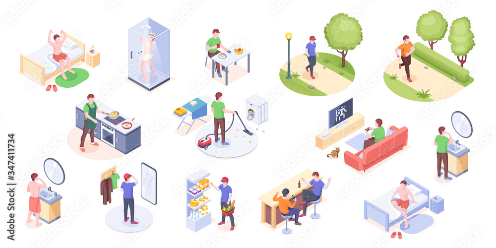 Man daily life, home routine and everyday life, vector isometric icons. Man daily work day and leisure activity, morning wake up, eating breakfast, watching TV, running in park, cooking and shopping