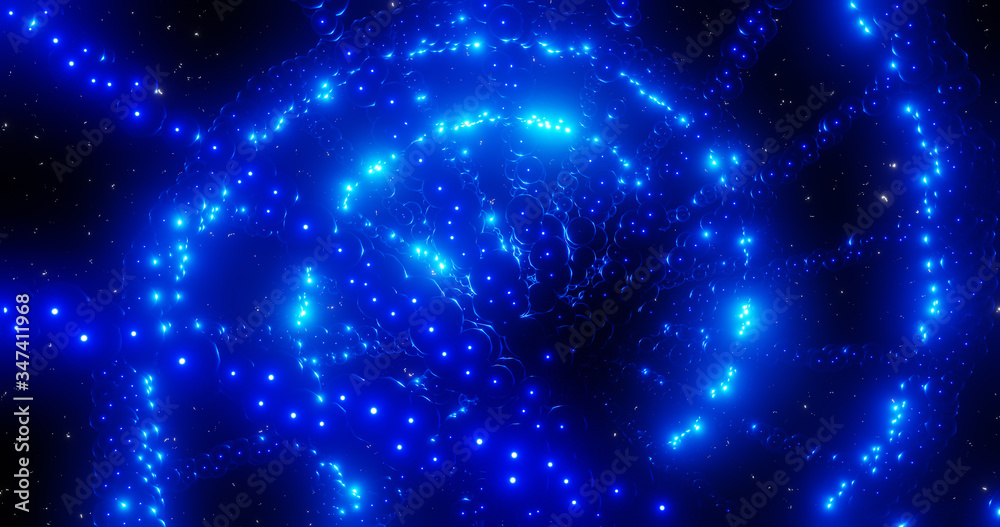 Render with sparkling blue spiral of balls in space