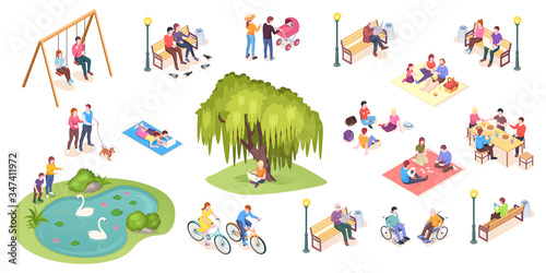 Fototapeta Naklejka Na Ścianę i Meble -  People in park leisure and outdoor activity, family picnic and summer rest, vector isometric isolated elements. City park isometry icons of people sitting on bench, playing on lawn and reading book