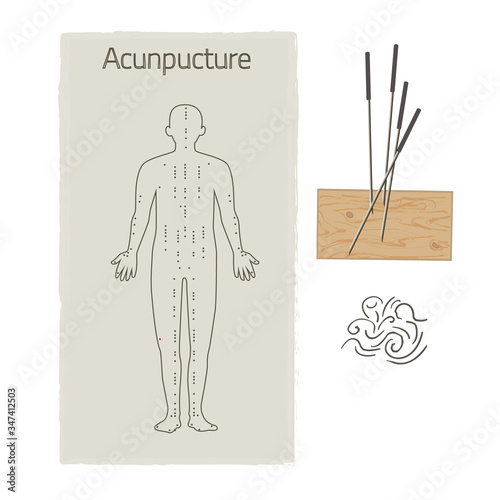 Acupuncture alternative medicine, body scheme and needles in chinese therapy of pain. Medical traditional treatment, acupressure elements set.
