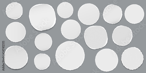 Torn of white note, notebook paper strips, pieces with soft shadow stuck on grey background. Vector illustration
