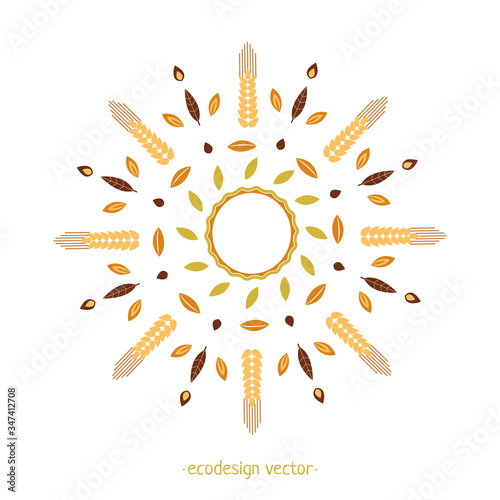 Vector ornament from Wheat Ears leaves and seed. Eco design round pattern. Vector Decorative Borders Design. Logo design template, icons and badges for natural and organic product in linear style.