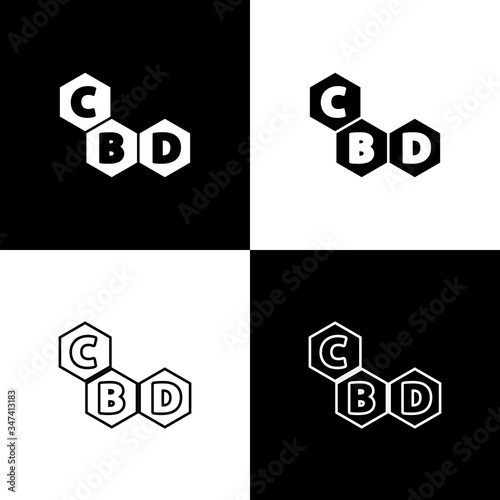 Set Cannabis molecule icon isolated on black and white background. Cannabidiol molecular structures, THC and CBD formula. Marijuana sign.  Vector Illustration