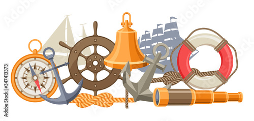 Background with nautical symbols and items.