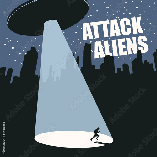 Vector banner on the theme of an aliens attack with a large flying saucer that sent a beam at a person in a big city at night. Invasion of UFOs. Contact with an extraterrestrial civilization.