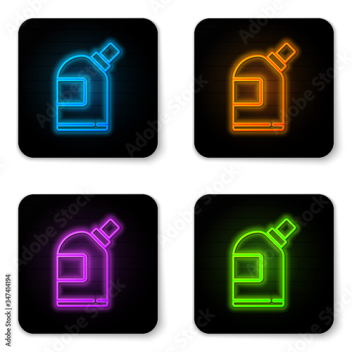 Glowing neon Plastic bottles for laundry detergent, bleach, dishwashing liquid or another cleaning agent icon isolated on white background. Black square button. Vector Illustration