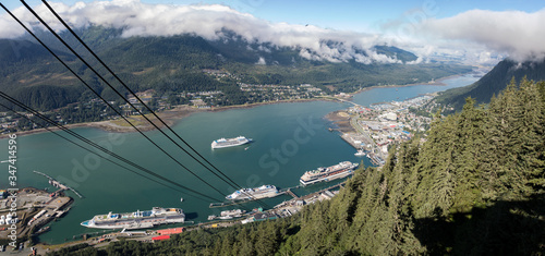 Panoramic aerial view of the Juneau with cruise ship dock as seen from the Mount Roberts Tramway, Alaska, USA