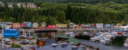 Panoramic view of shops, boats and buildings in Ketchikan, Alaska, USA