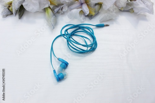 Obraz na płótnie Dark blue headphones isolated on white, in the background flowers. Dark blue earphone on a background of light blue iris flowers isolated on white. Side view, copyspace w salonie