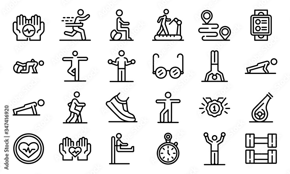 Workout seniors icons set. Outline set of workout seniors vector icons for web design isolated on white background Workout seniors icons set. Outline set of workout seniors vector icons for web design isolated on white background