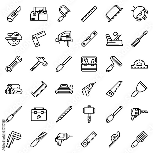 Carpenter tools icons set. Outline set of carpenter tools vector icons for web design isolated on white background photo