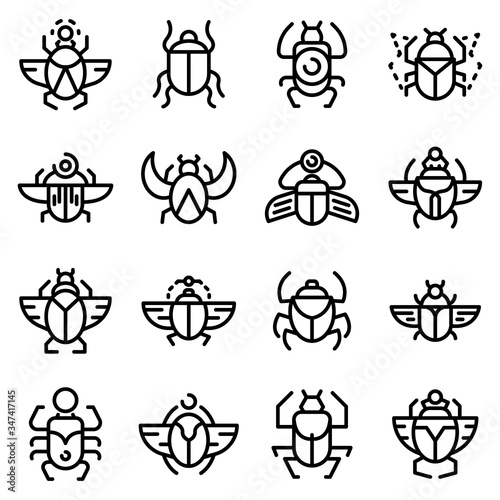 Scarab beetle icons set. Outline set of scarab beetle vector icons for web design isolated on white background