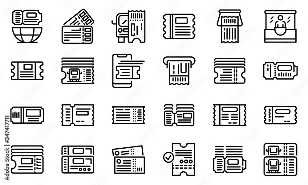 Bus ticketing icons set. Outline set of bus ticketing vector icons for web design isolated on white background Bus ticketing icons set. Outline set of bus ticketing vector icons for web design isolated on white background