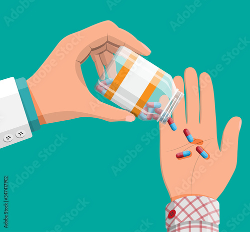 Glass bottle of capsules for illness and pain treatment in hand of doctor. Medical drug, vitamin, antibiotic. Healthcare and pharmacy. Vector illustration in flat style
