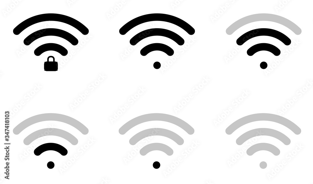 Flat wifi sign icons in round shape and connection level, locked and unlocked, triangle, thin, thick and round.
