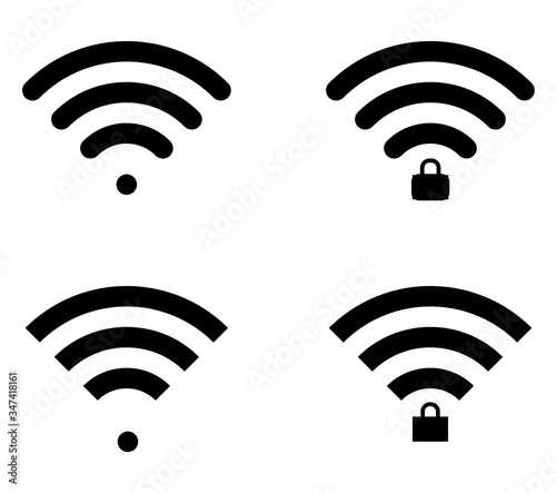 Four wifi icons in two shaped - round and straight, locked and unlocked variants. Flat design for smartphones and graphic.