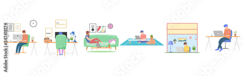 Set of people stay home. People working at home. People are reading good news. People relaxing at home. Vector illustration.