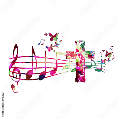 Colorful christian cross with music notes isolated vector illustration. Religion themed background. Design for gospel church music, choir singing, concert, festival, Christianity, prayer