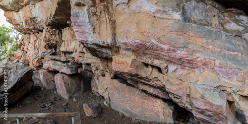 A man views ancient rock paintings in a rock shelter at Nanguluwurr, near Burrunkuy (Nourlangie Rock), Kakadu National Park, Northern Territory, Australia. photo