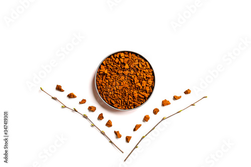 chaga mushroom. composition of small dry chopped pieces of birch tree fungus chaga in a bowl and birch twigs isolated on a white background. concept of alternative natural medicine photo