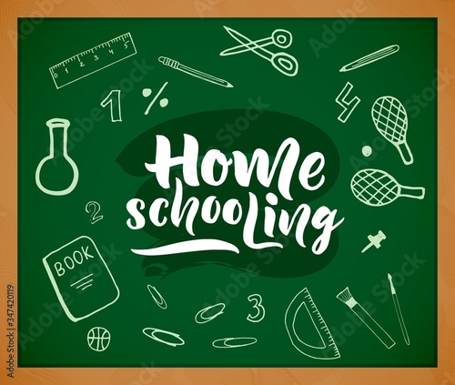Home schooling hand brush lettering. Colorful text. On watercolor blue spot. As logo of virtual school for children,