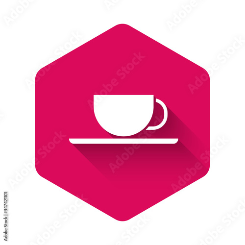 White Coffee cup icon isolated with long shadow. Tea cup. Hot drink coffee. Pink hexagon button. Vector Illustration