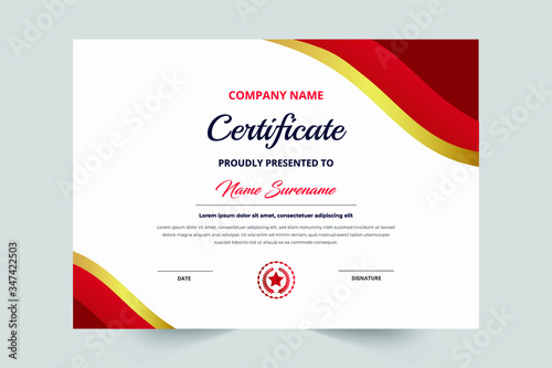 Red & Gold Color Creative Style Certificate Template With Badge Vector Template