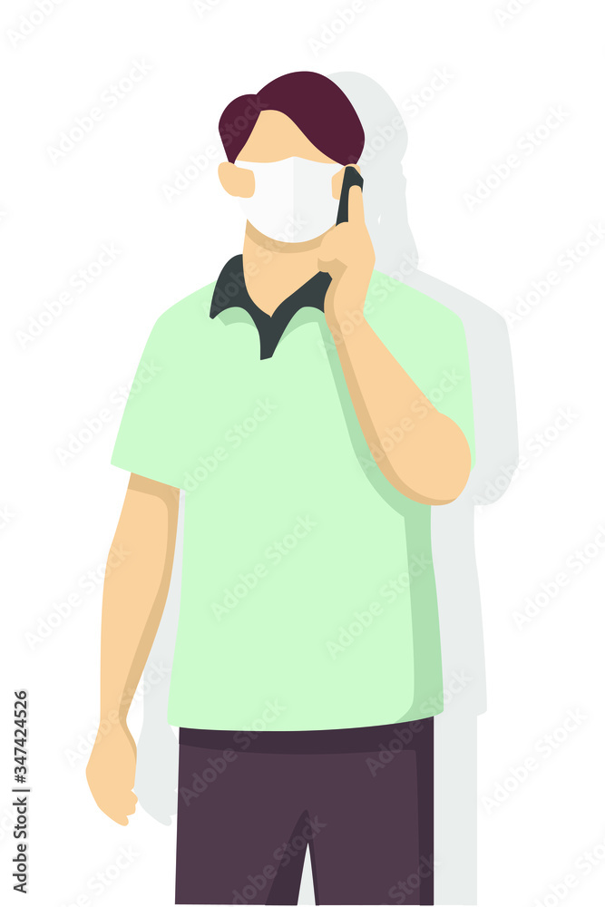 Man is wearing face mask for virus protection, air pollution, contaminated air, world pollution. Modern flat vector illustration. Man is wearing face mask for virus protection, air pollution, contaminated air, world pollution. Modern flat vector illustration.