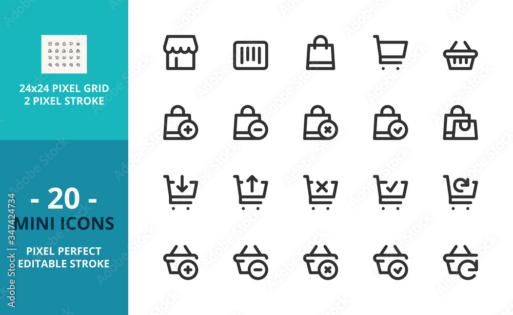 Mini line icons about shopping management. Pixel perfect and editable stroke