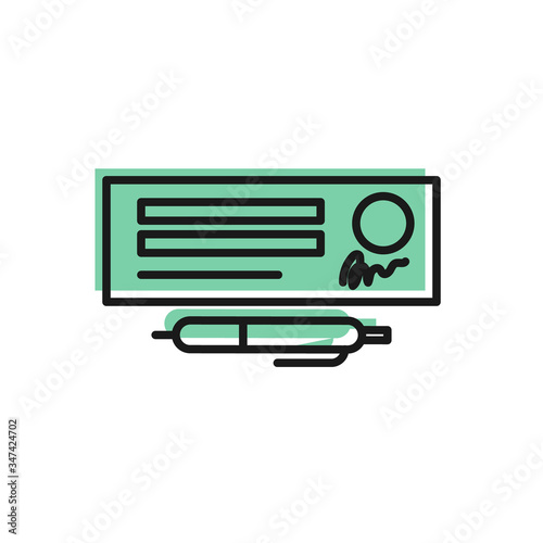 Black line Blank template of the bank check and pen icon isolated on white background. Checkbook cheque page with empty fields to fill.  Vector Illustration
