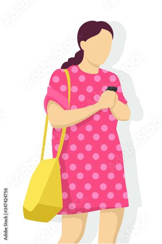 Woman in modern style vector illustration, simple flat shadow isolated on white background.