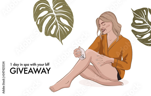 Beauty parlour epilation service. Woman making depilation advertising banner, wellbeing spa procedure, skin care cartoon illustration in vector. Girl in wellness salon concept, resort business art