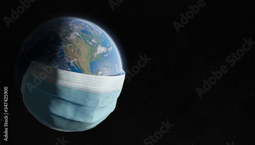 The world covered by a surgical mask from the Coronavirus pandemic. Covid-19 spreading in The Untited States. 2019-ncov infecting the planet Earth 3D rendering photo