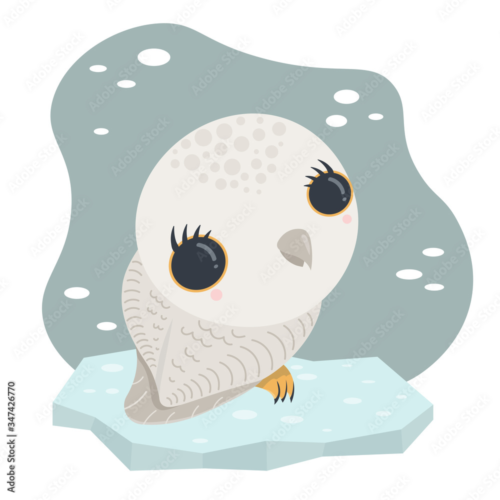 Fototapeta premium Cute kawaii arctic polar baby snow owl on ice as vector illustration. Concept for children book, nursery, Christmas or New year party, baby shower