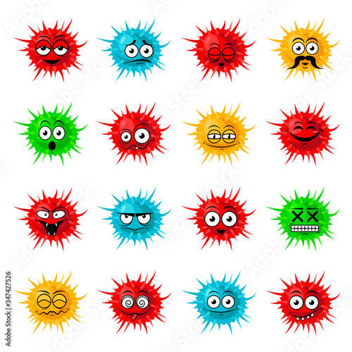 Cute bacteria, virus, germ cartoon character set. Microbe and pathogen vector icons isolated on background. Covid-19 emoji. Coronavirus smile set