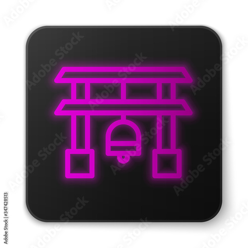 Glowing neon line Japan Gate icon isolated on white background. Torii gate sign. Japanese traditional classic gate symbol. Black square button. Vector Illustration
