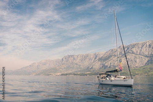 Sailing on adriatic sea Korcula Makarska Korcula Croatia. Yacht in marina, sailing in Croatia.
