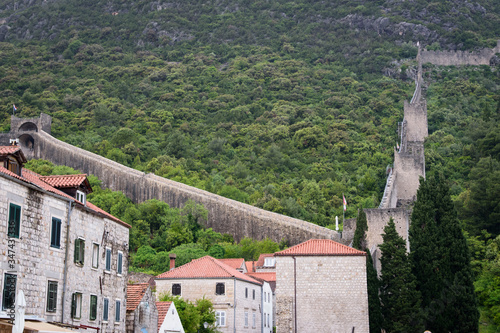 View of part of the route of the wall, in Ston, Dubrovnik Neretva county, located on the Peljesac peninsula, Croatia, Europe. photo