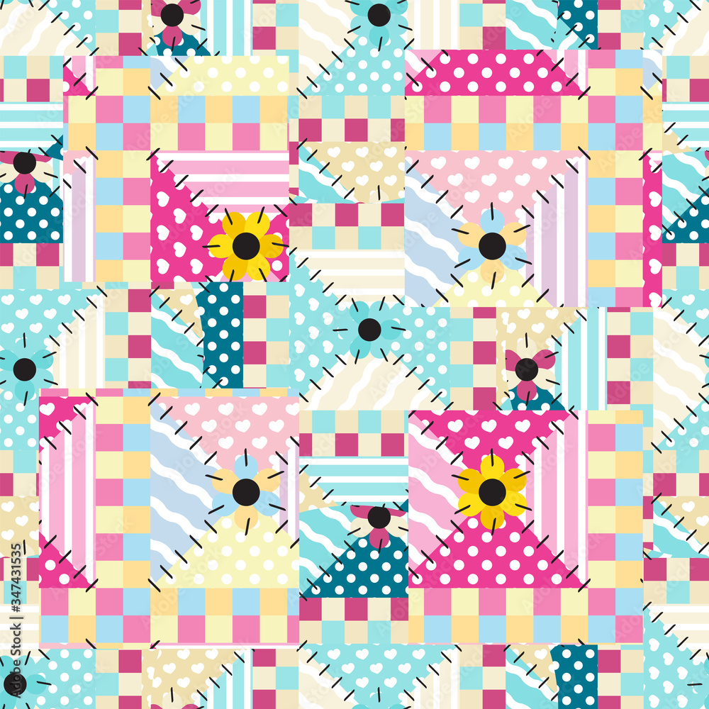 Vector seamless endless pattern, abstract quilt design. Patchwork backgrounds with imitation of sewing, stitched patches. Abstract design looks like tribal, folk style blanket