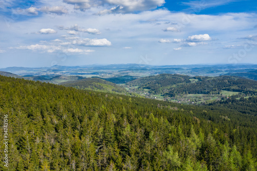 Rudawy Janowickie Landscape Park Aerial View. Mountain range in Sudetes in Poland view with green forests and landscape.