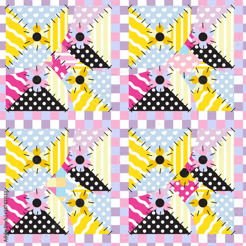 Vector seamless endless pattern, abstract quilt design. Patchwork backgrounds with imitation of sewing, stitched patches. Abstract design looks like tribal, folk style blanket