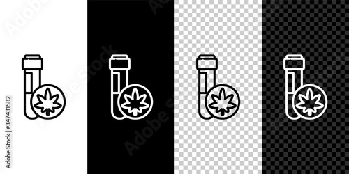 Set line Chemical test tube with marijuana or cannabis leaf icon isolated on black and white background. Research concept. Laboratory CBD oil.  Vector Illustration