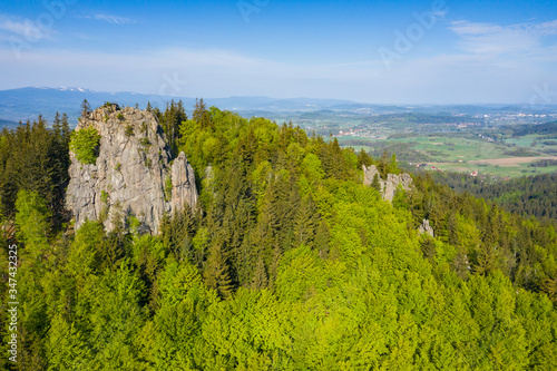 Fototapeta Naklejka Na Ścianę i Meble -  Rudawy Janowickie Landscape Park Aerial View. Rocks Sokoliki, climbing area in mountain range in Sudetes in Poland view with green forests and landscape.