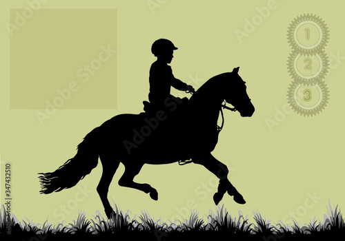  little girl rides a Welsh pony, children's equestrian sport, isolated black silhouette on a colored background